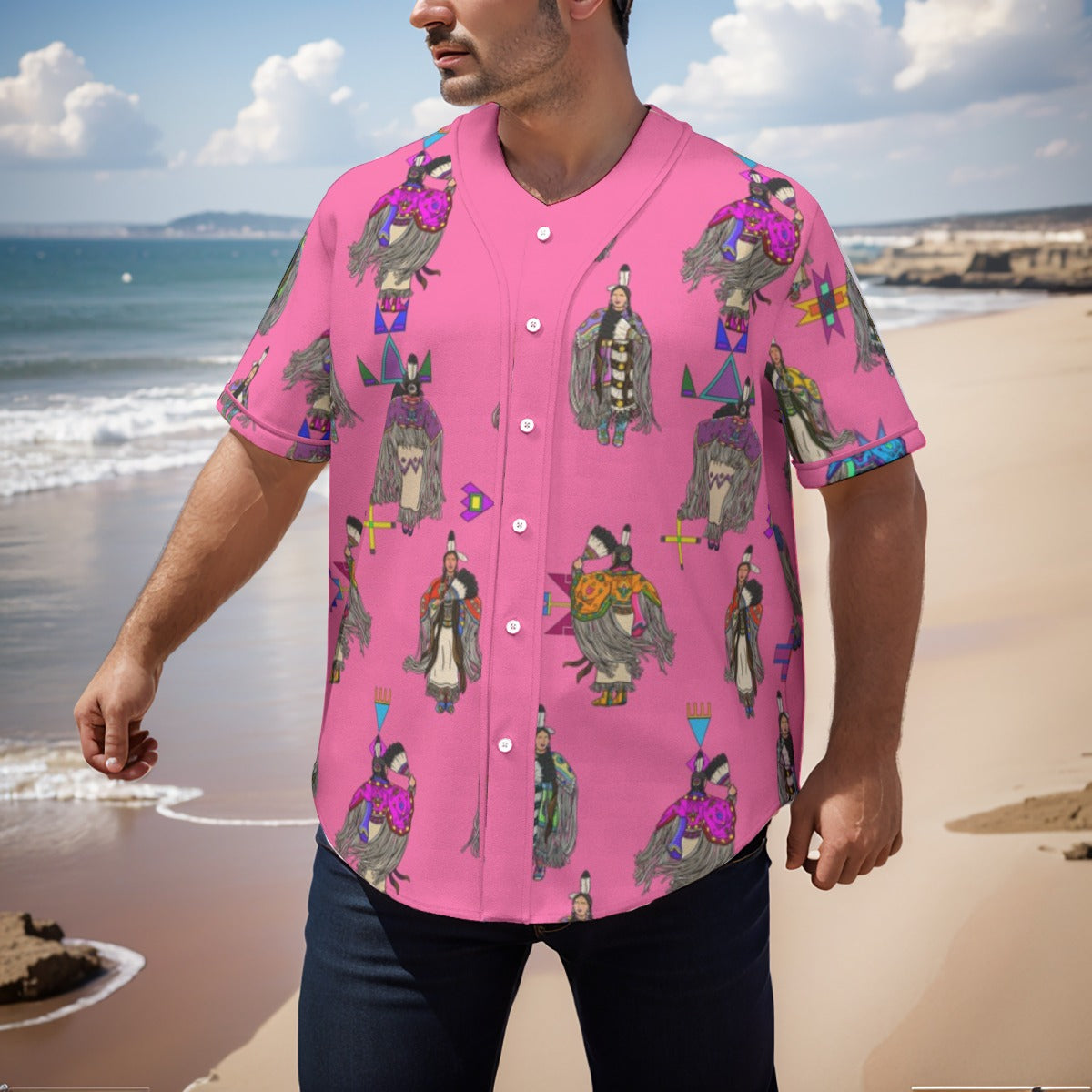 Women's Tradish Dancers Pink Men's Short Sleeve Baseball Jersey With Pinstripes
