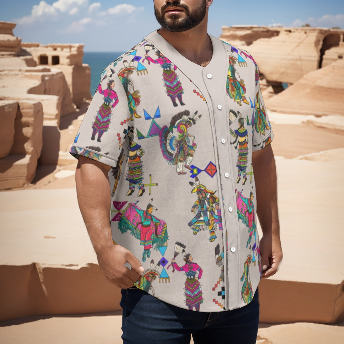 Grand Entry Dancers Muslin Men's Short Sleeve Baseball Jersey With Pinstripes