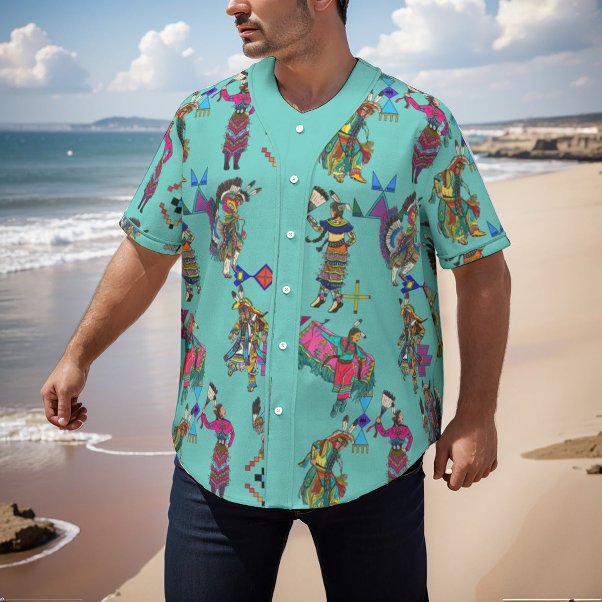 Grand Entry Dancers Eggshell Blue Men's Short Sleeve Baseball Jersey With Pinstripes