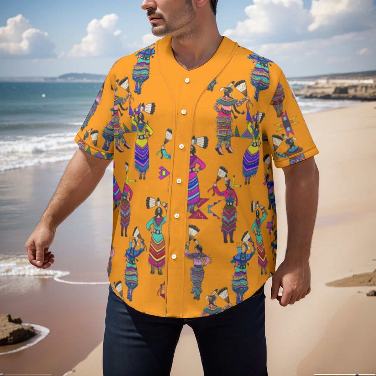 Women's Jingle Dancers Orange Men's Short Sleeve Baseball Jersey With Pinstripes