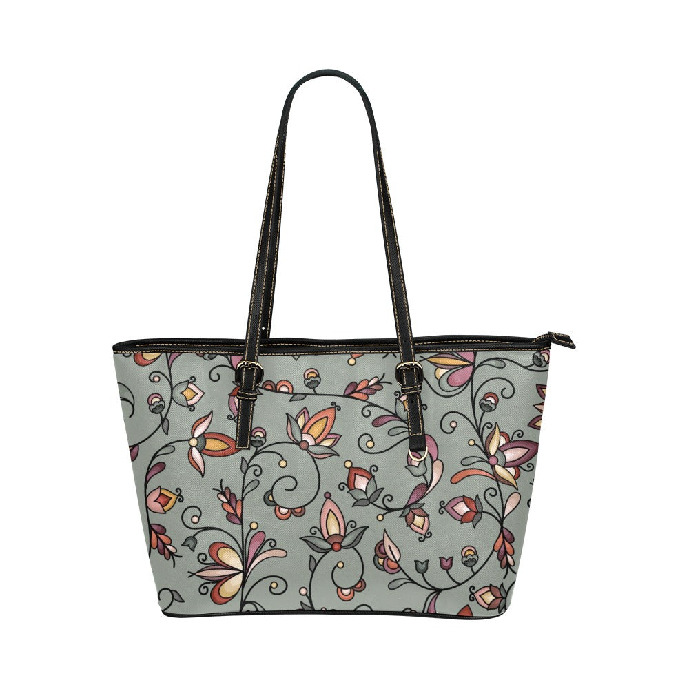 Burnt Sky Petals Green Leather Tote Bag/Large