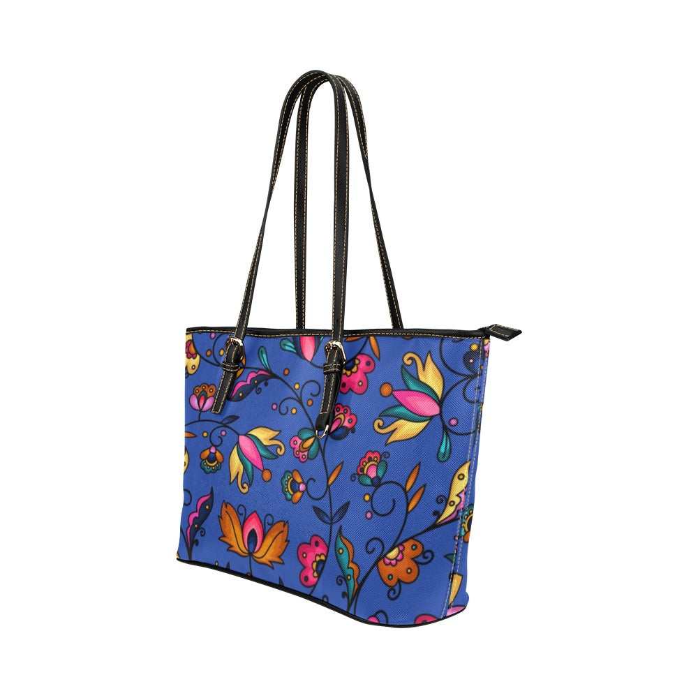 Copper Prairie Petals Blue Leather Tote Bag/Large