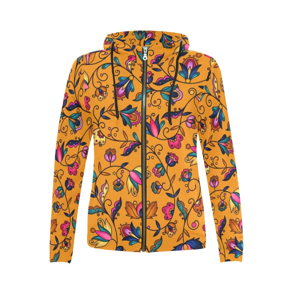 Copper Prairie Petals Orange Full Zip Hoodie for Women