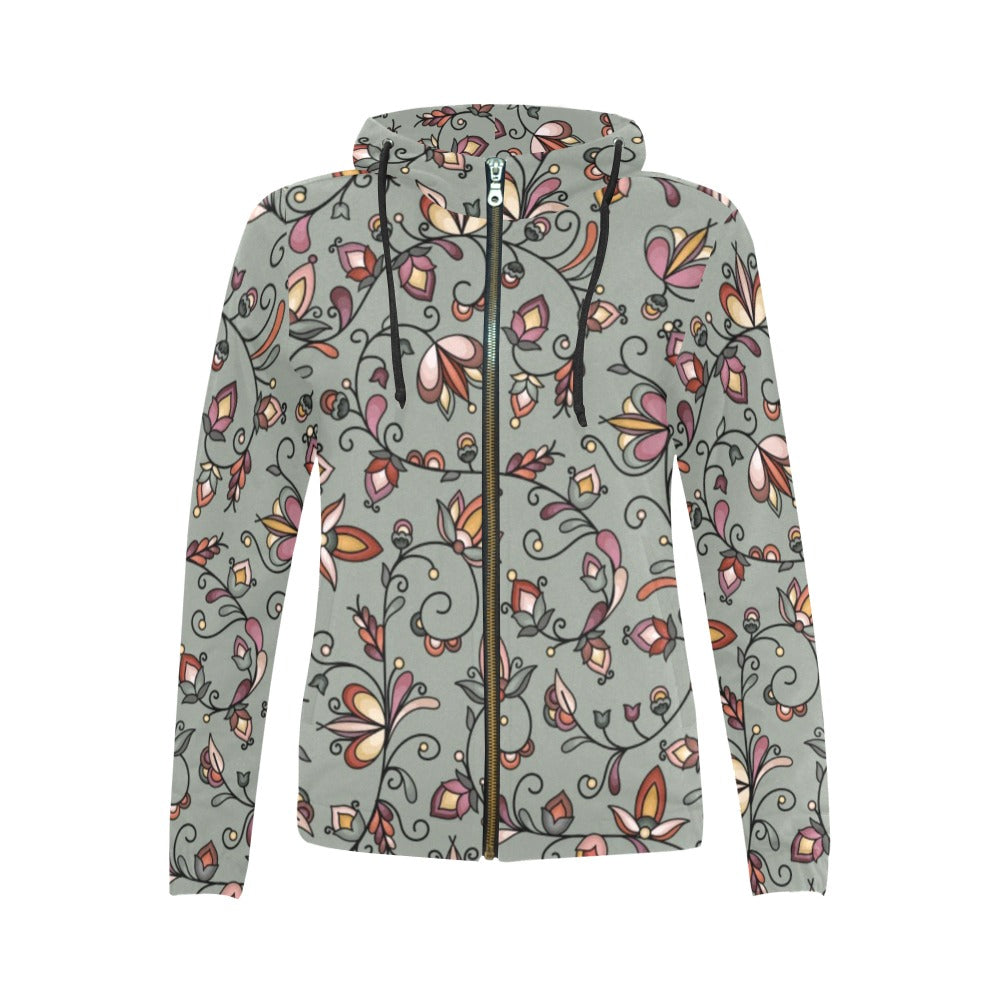 Burnt Sky Petals Green Full Zip Hoodie for Women