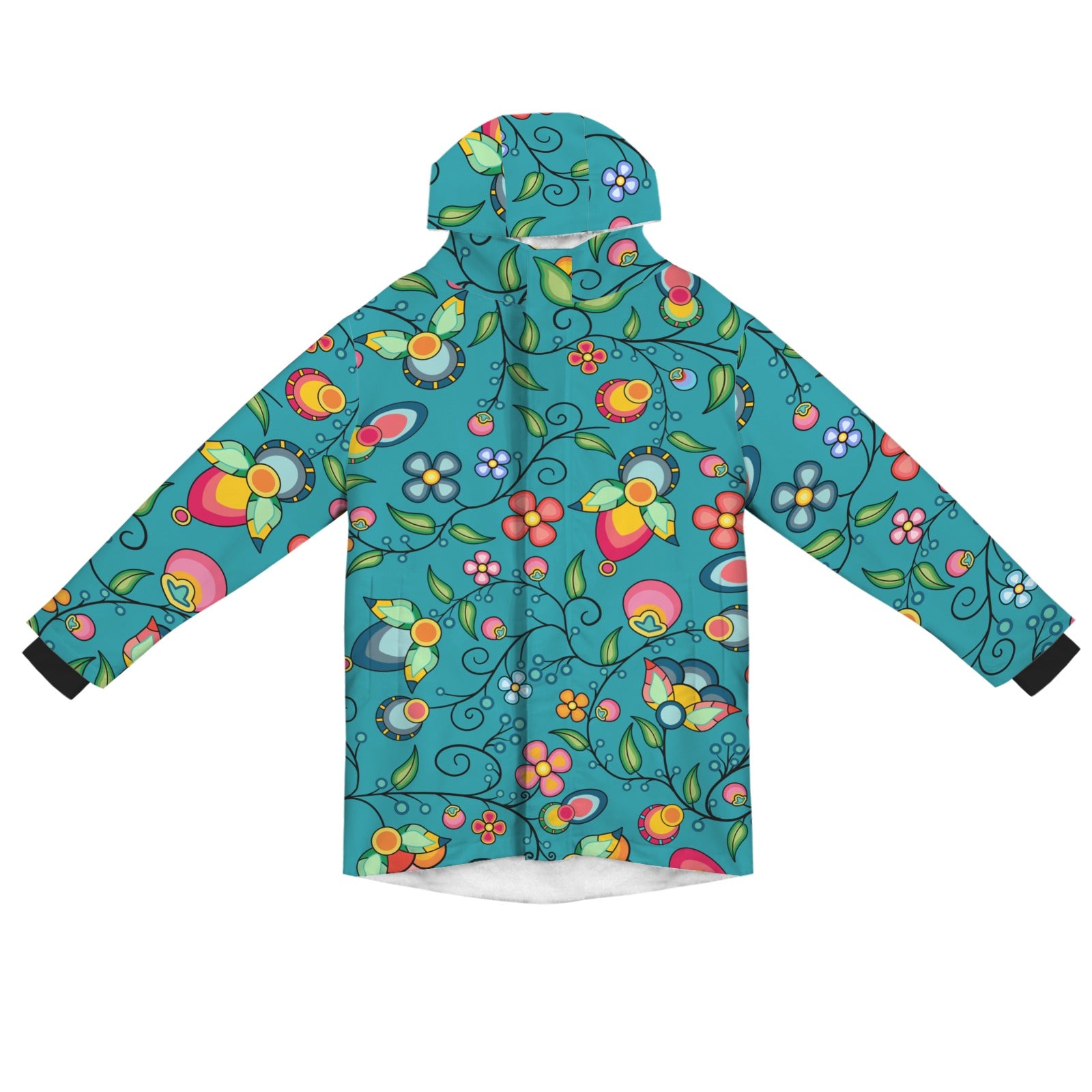 Floral Bounty Teal Unisex Sherpa Lined Hooded Coat