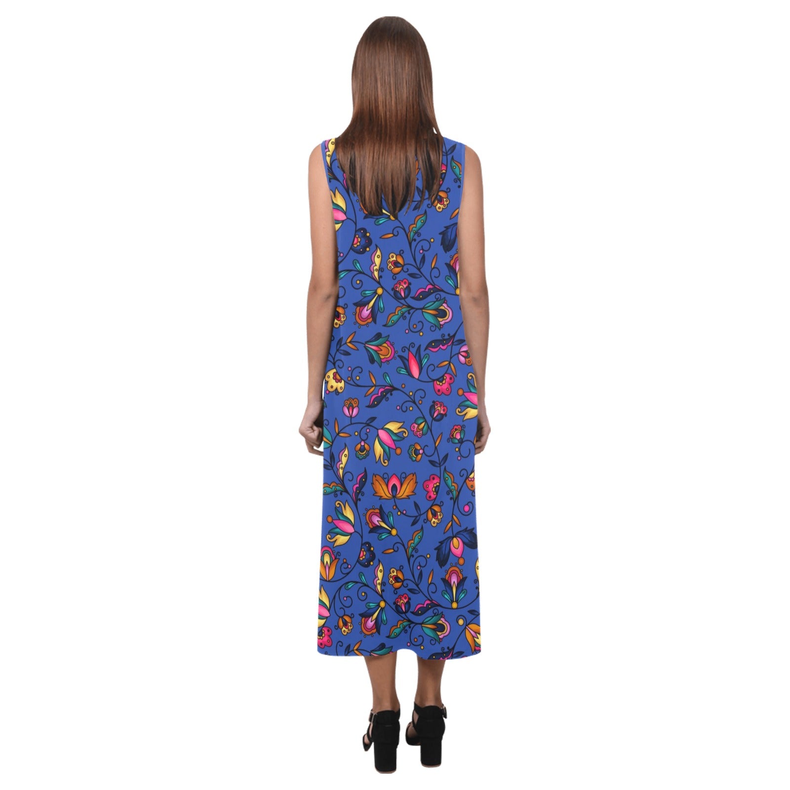 Copper Prairie Petals Blue Phaedra Sleeveless Open Fork Long Dress