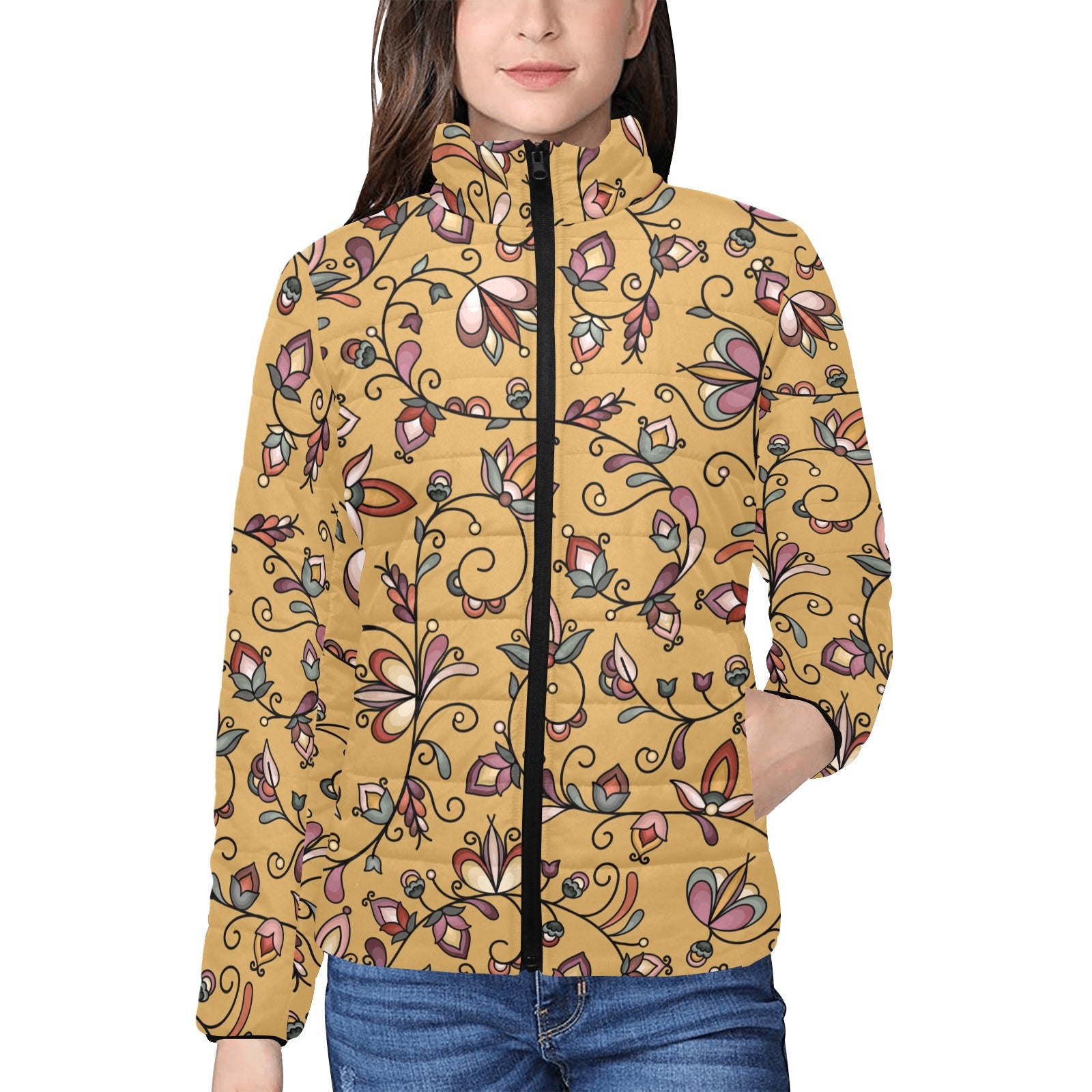 Burnt Sky Petals Gold Women's Stand Collar Padded Jacket