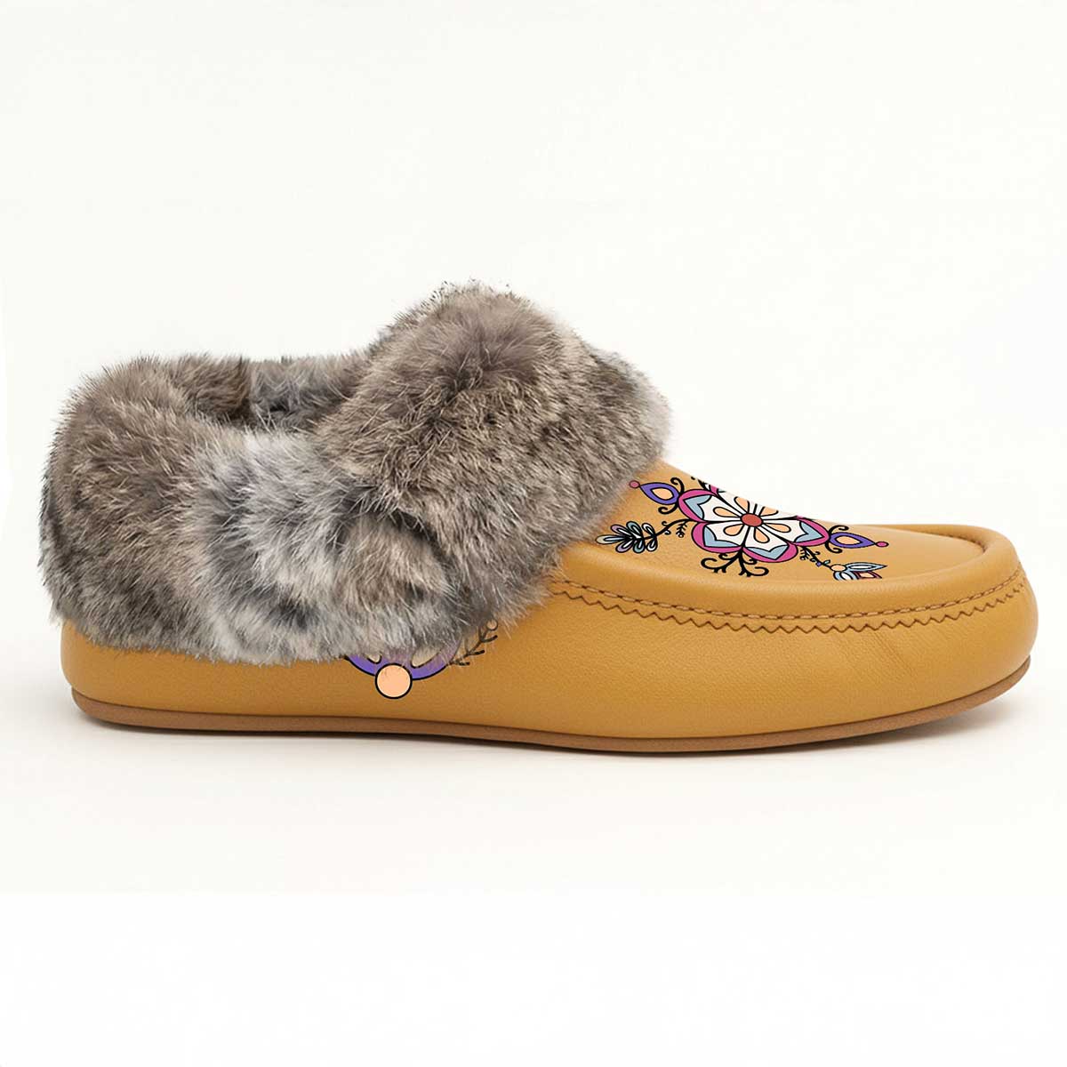 Aurora Petal Glow Tan Leather Mottled Fur Moccasin