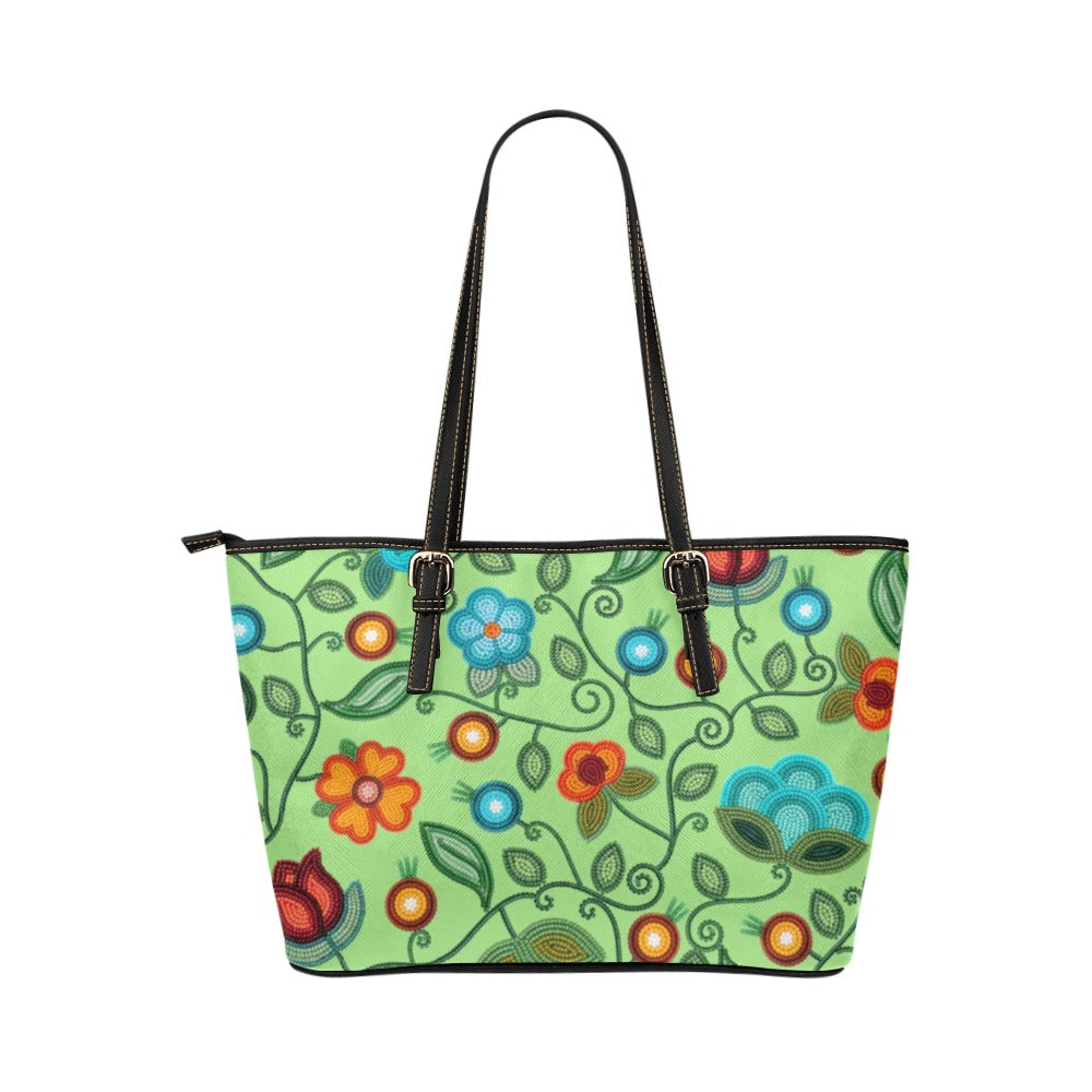 Prairie Fire Petals Sage Leather Tote Bag/Large