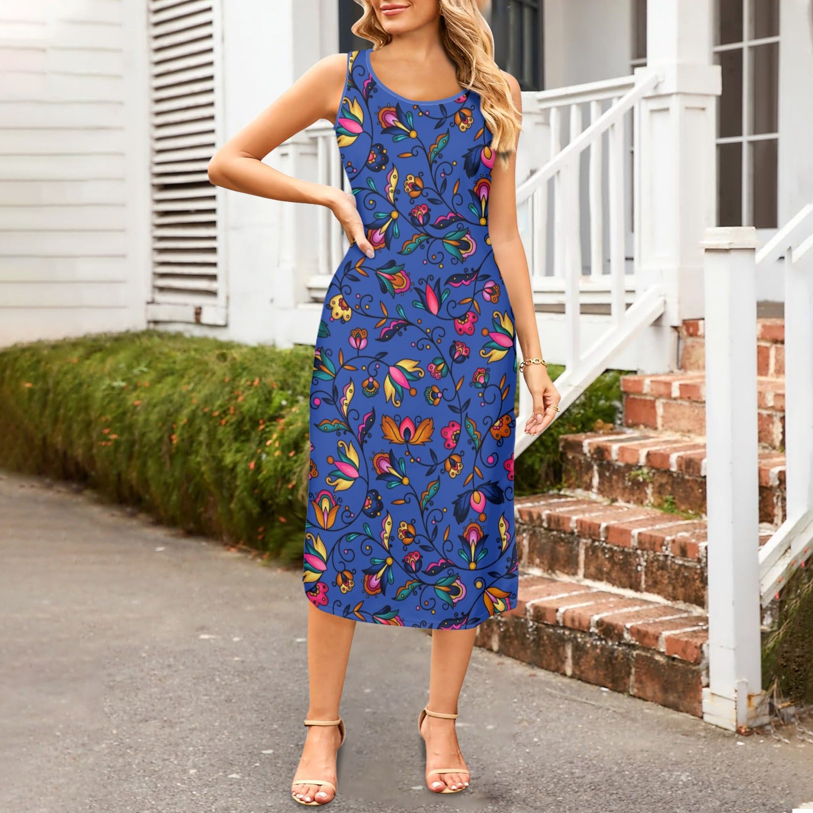 Copper Prairie Petals Blue Phaedra Sleeveless Open Fork Long Dress