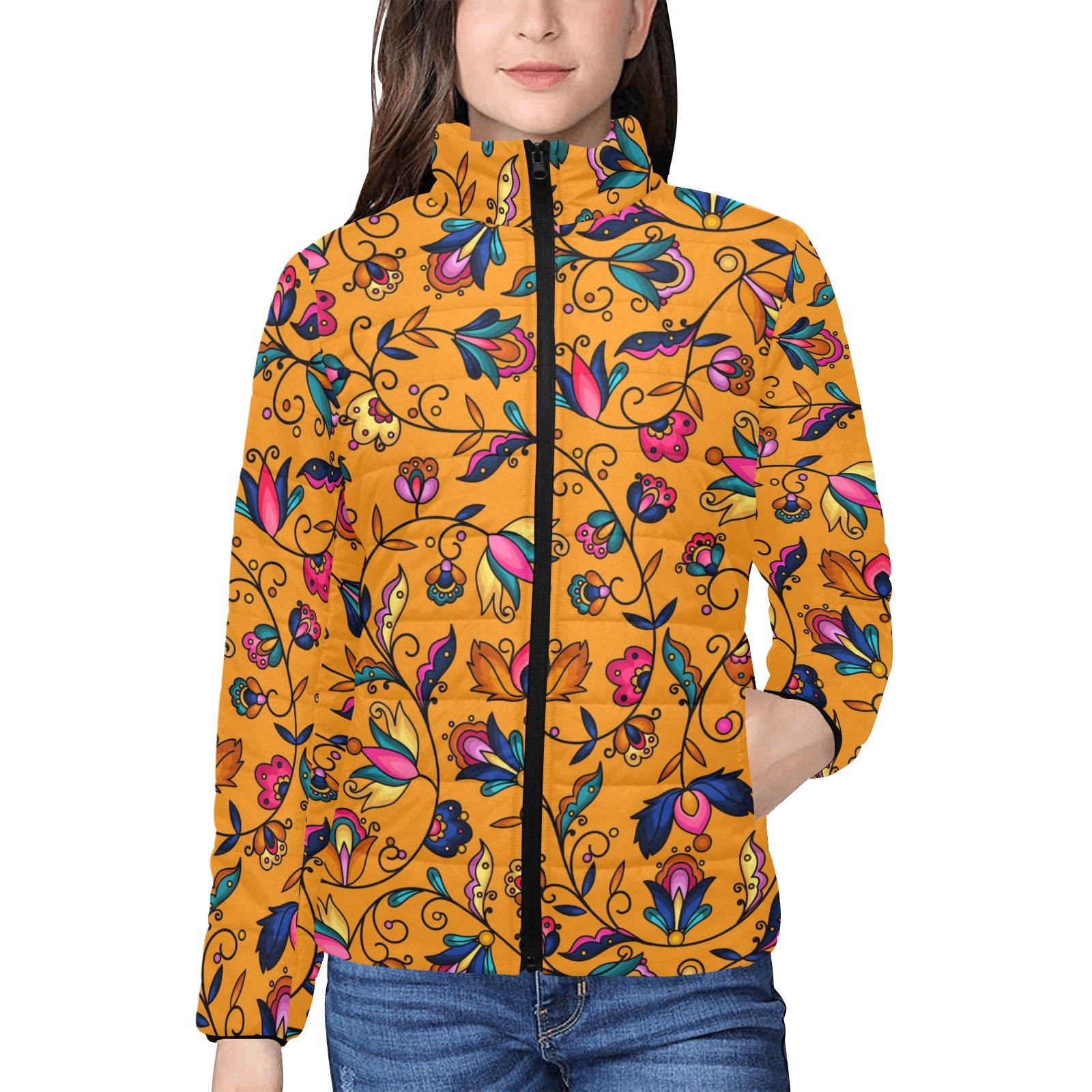 Copper Prairie Petals Orange Women's Stand Collar Padded Jacket