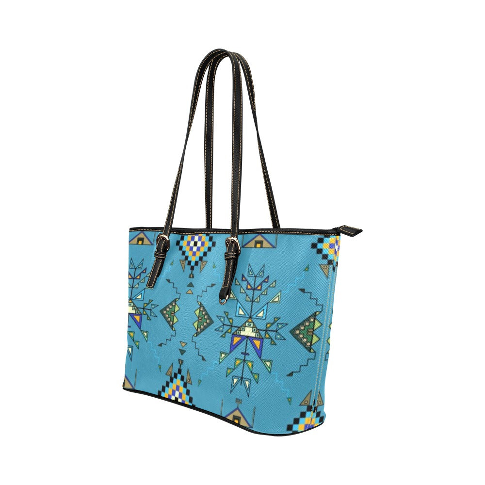 Bear Shield Blue Leather Tote Bag/Large