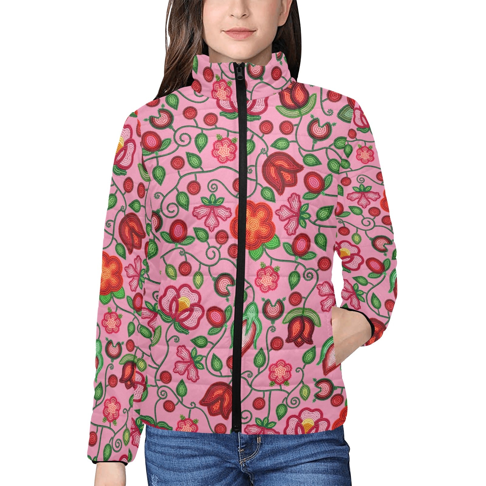 Rose Reverie Pink Women's Stand Collar Padded Jacket