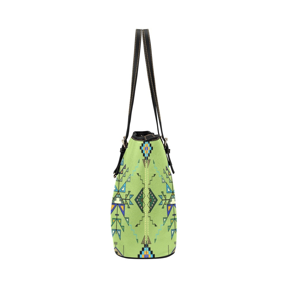 Bear Shield Green Leather Tote Bag/Large