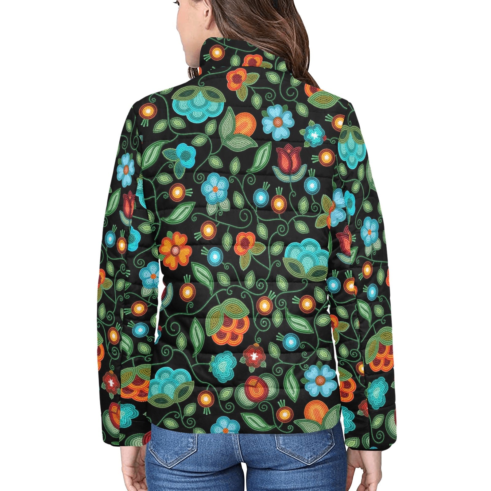 Prairie Fire Petals Black Women's Stand Collar Padded Jacket
