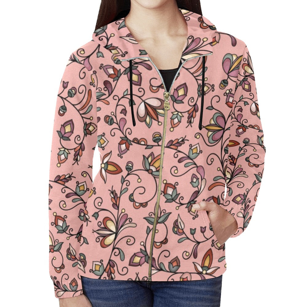 Burnt Sky Petals Peach Full Zip Hoodie for Women