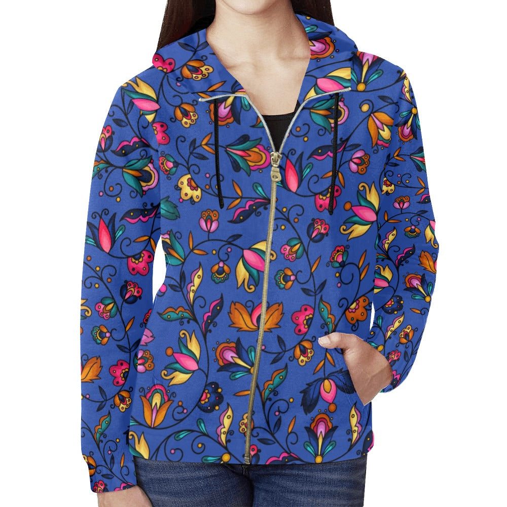 Copper Prairie Petals Blue Full Zip Hoodie for Women