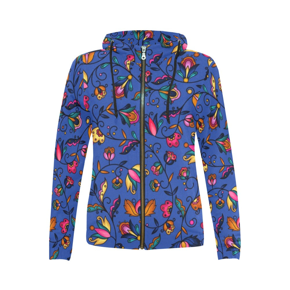 Copper Prairie Petals Blue Full Zip Hoodie for Women