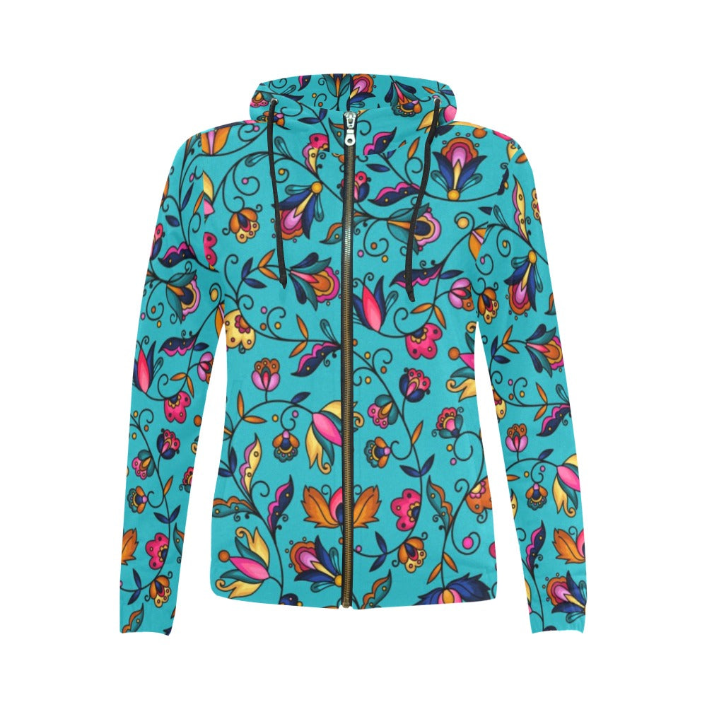 Copper Prairie Petals Turquoise Full Zip Hoodie for Women