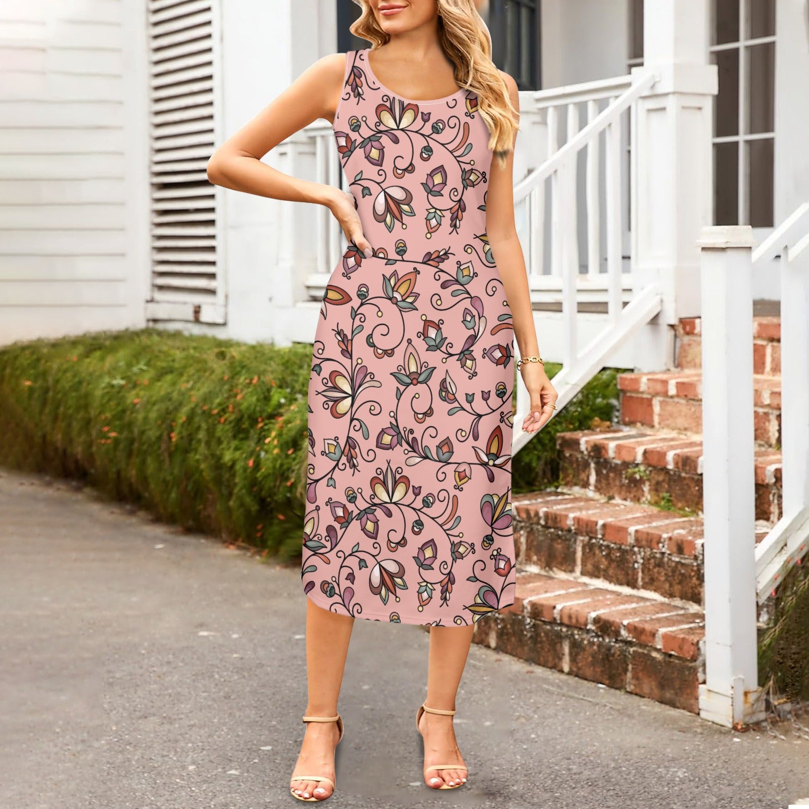 Burnt Sky Petals Peach Phaedra Sleeveless Open Fork Long Dress