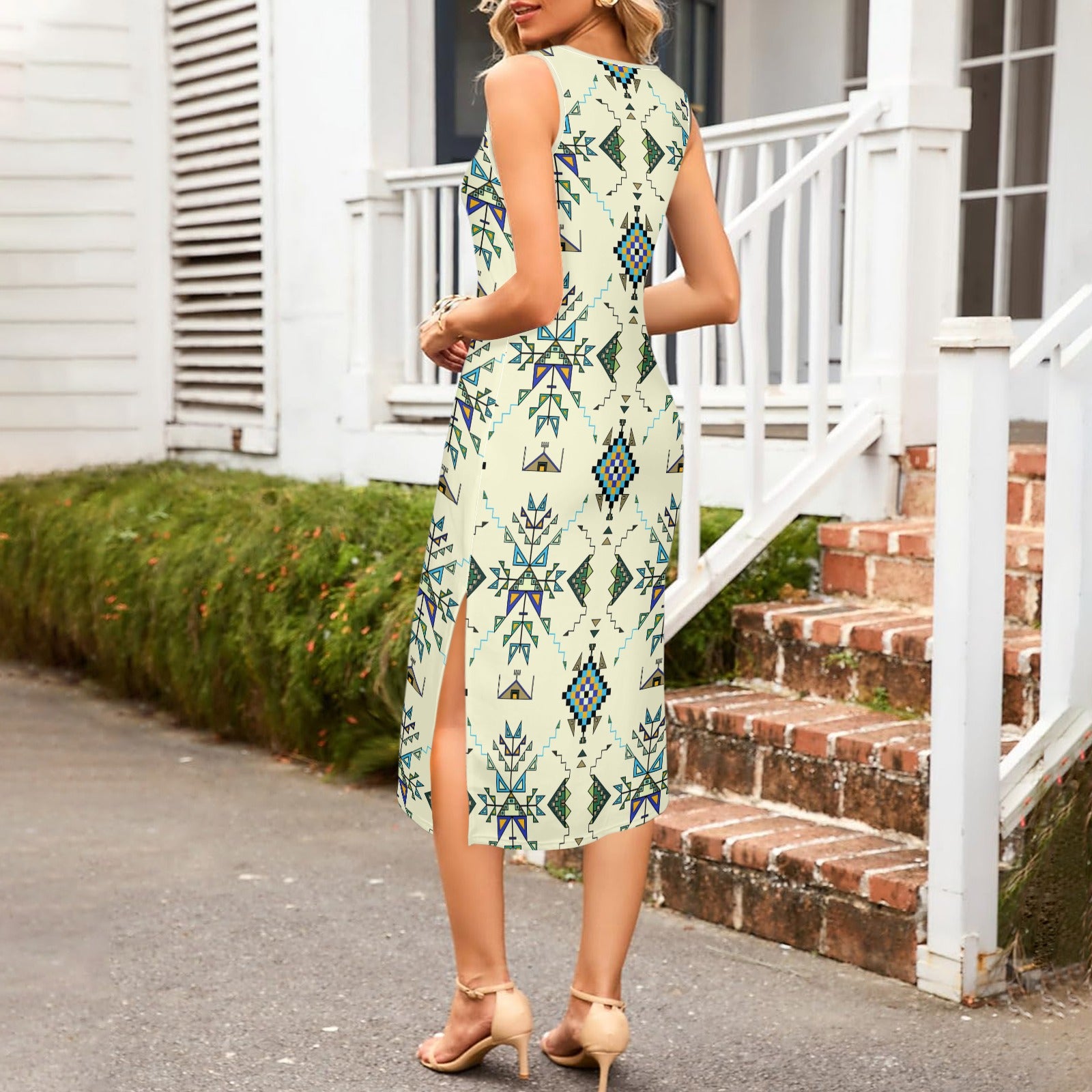 Bear Shield Cream Phaedra Sleeveless Open Fork Long Dress