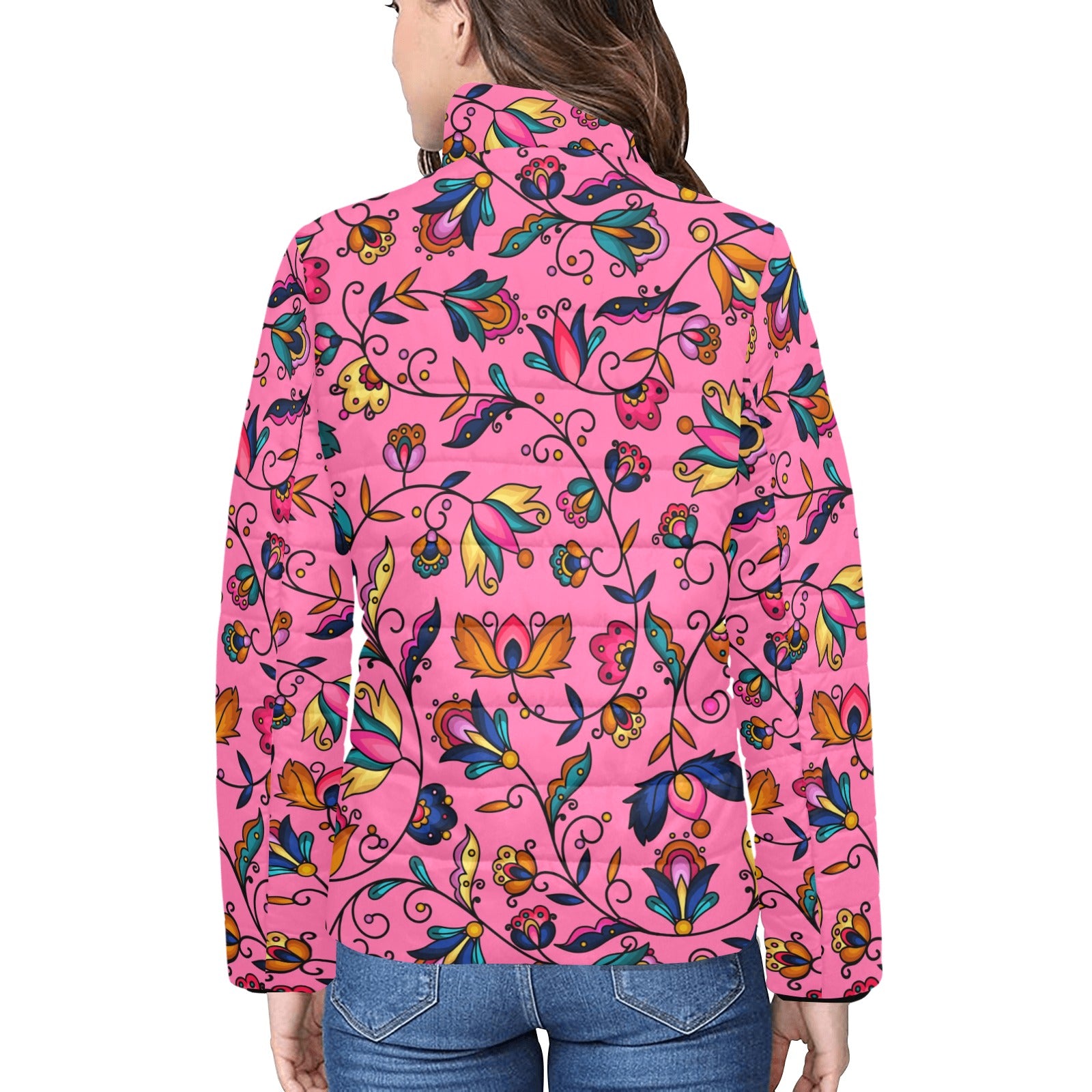 Copper Prairie Petals Pink Women's Stand Collar Padded Jacket