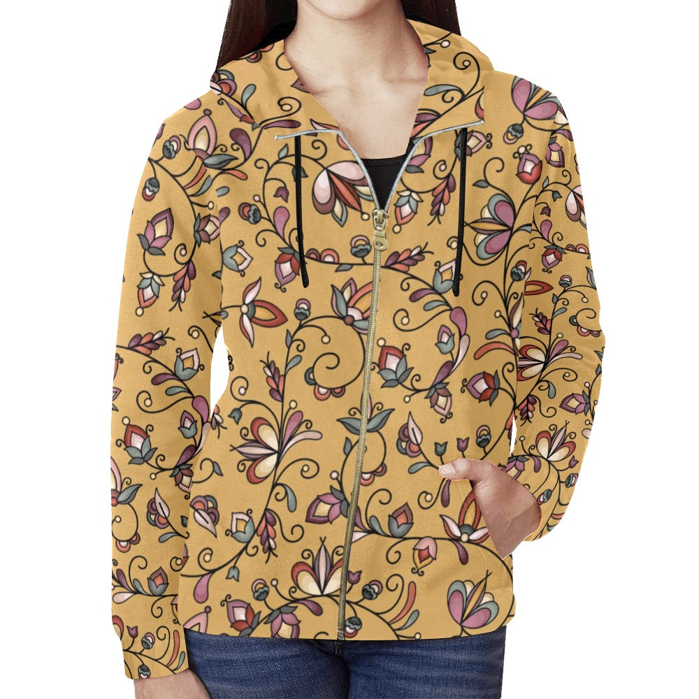 Burnt Sky Petals Gold Full Zip Hoodie for Women