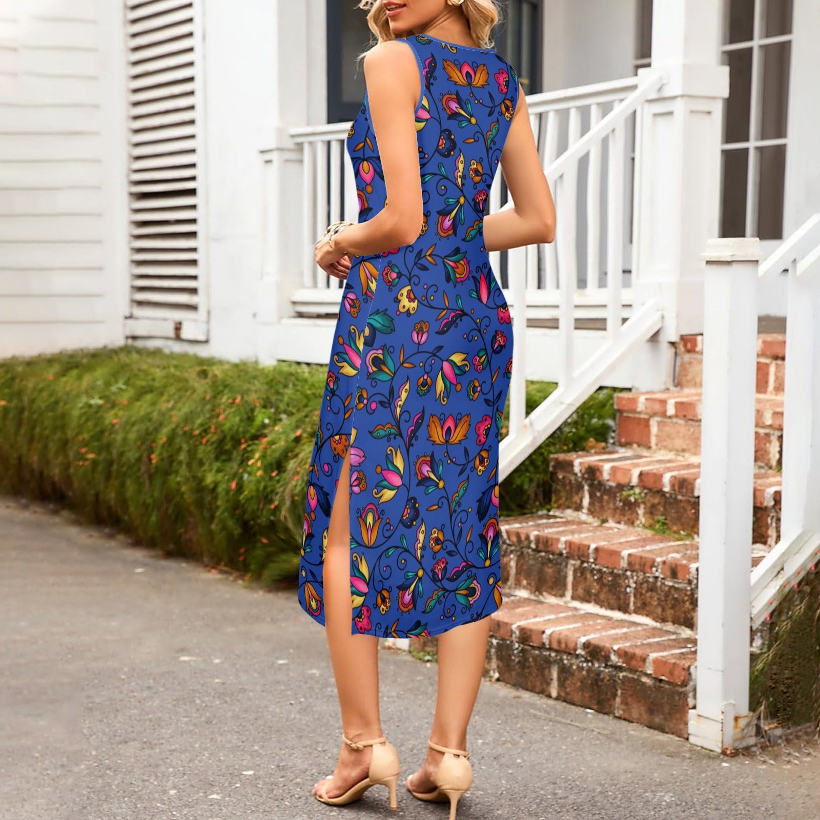 Copper Prairie Petals Blue Phaedra Sleeveless Open Fork Long Dress