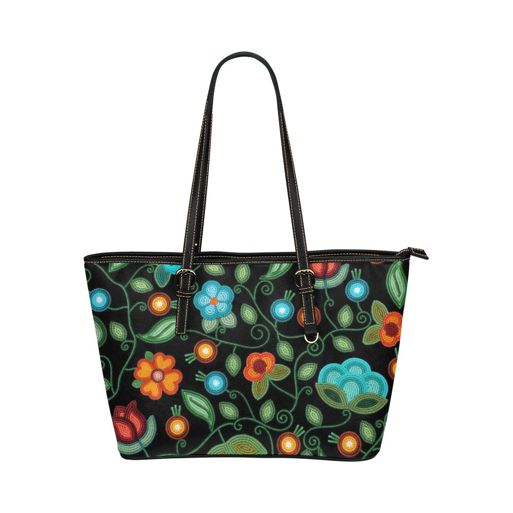 Prairie Fire Petals Black Leather Tote Bag/Large