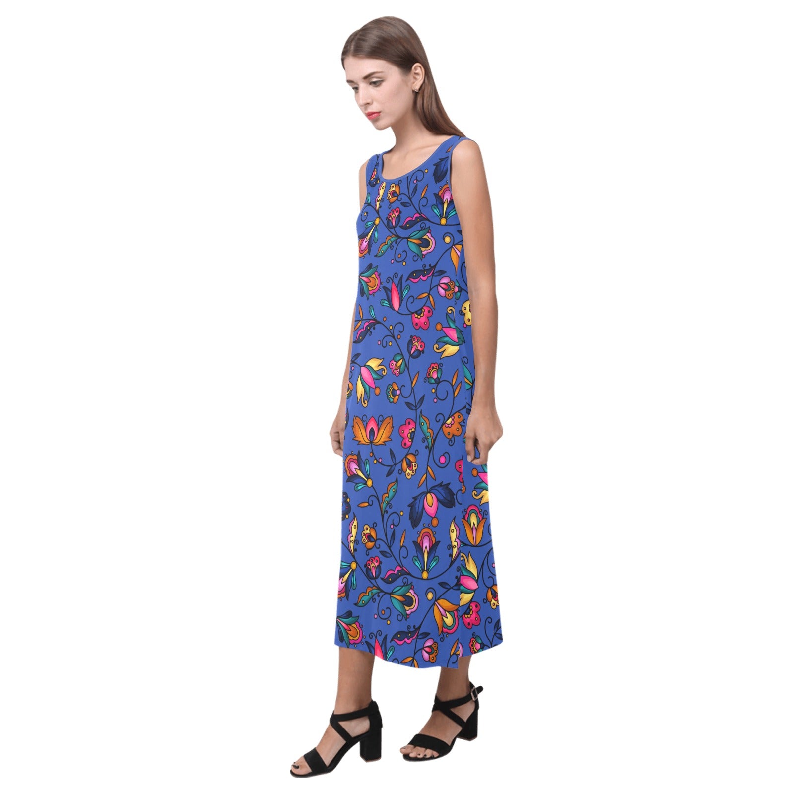 Copper Prairie Petals Blue Phaedra Sleeveless Open Fork Long Dress