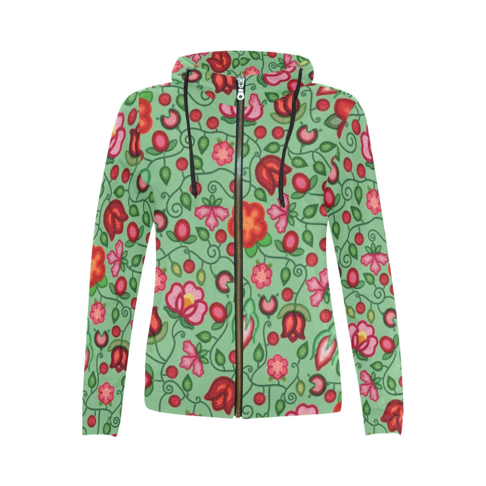 Rose Reverie Green Full Zip Hoodie for Women