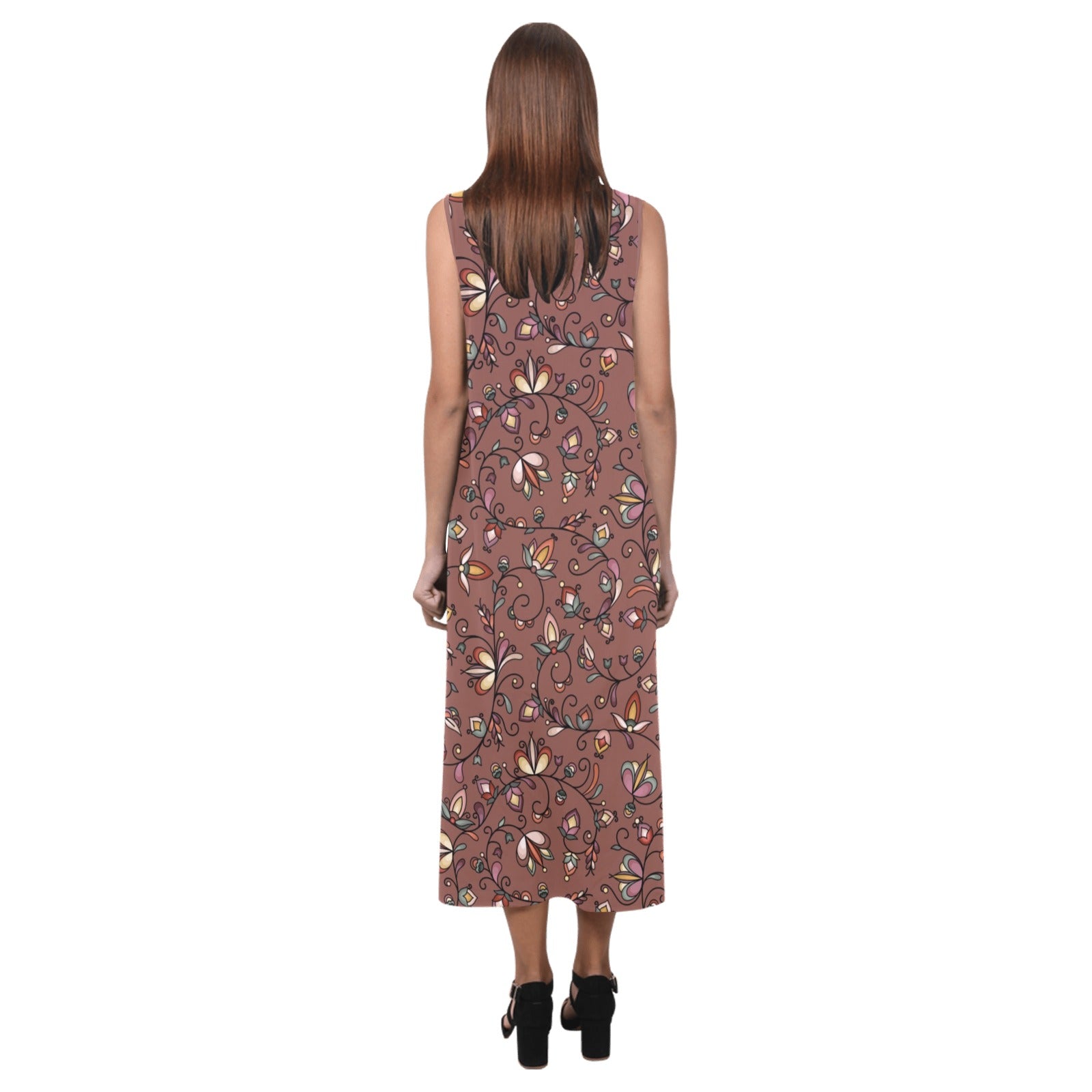 Burnt Sky Petals Brown Phaedra Sleeveless Open Fork Long Dress