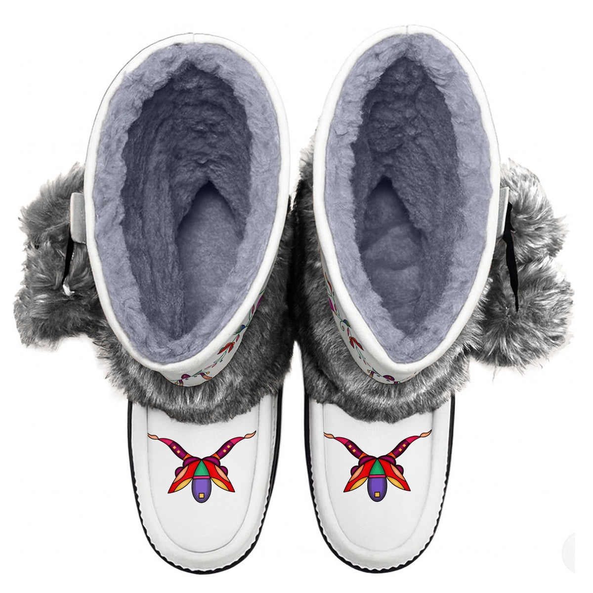 Ancestral Embers White MocLux Calf with Grey Fur from above, soft lining and stained-glass floral vine toe print