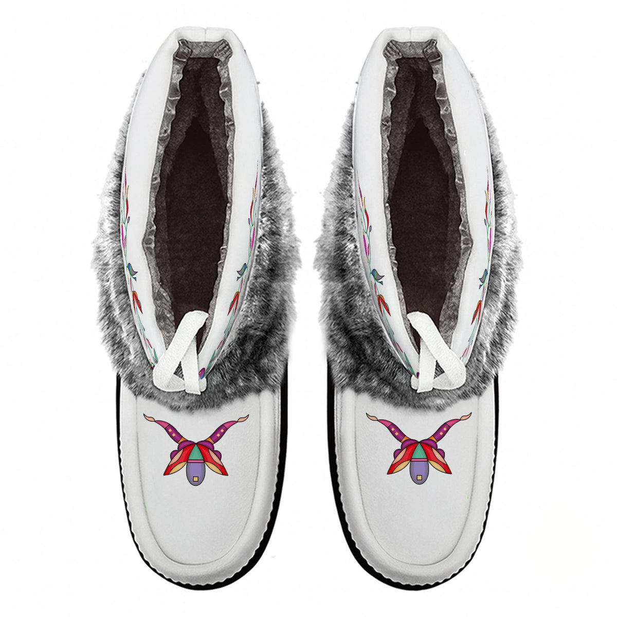 Ancestral Embers White Leather MocLux Ankle with Grey Fur from above, sherpa lining, white ties and printed toe design