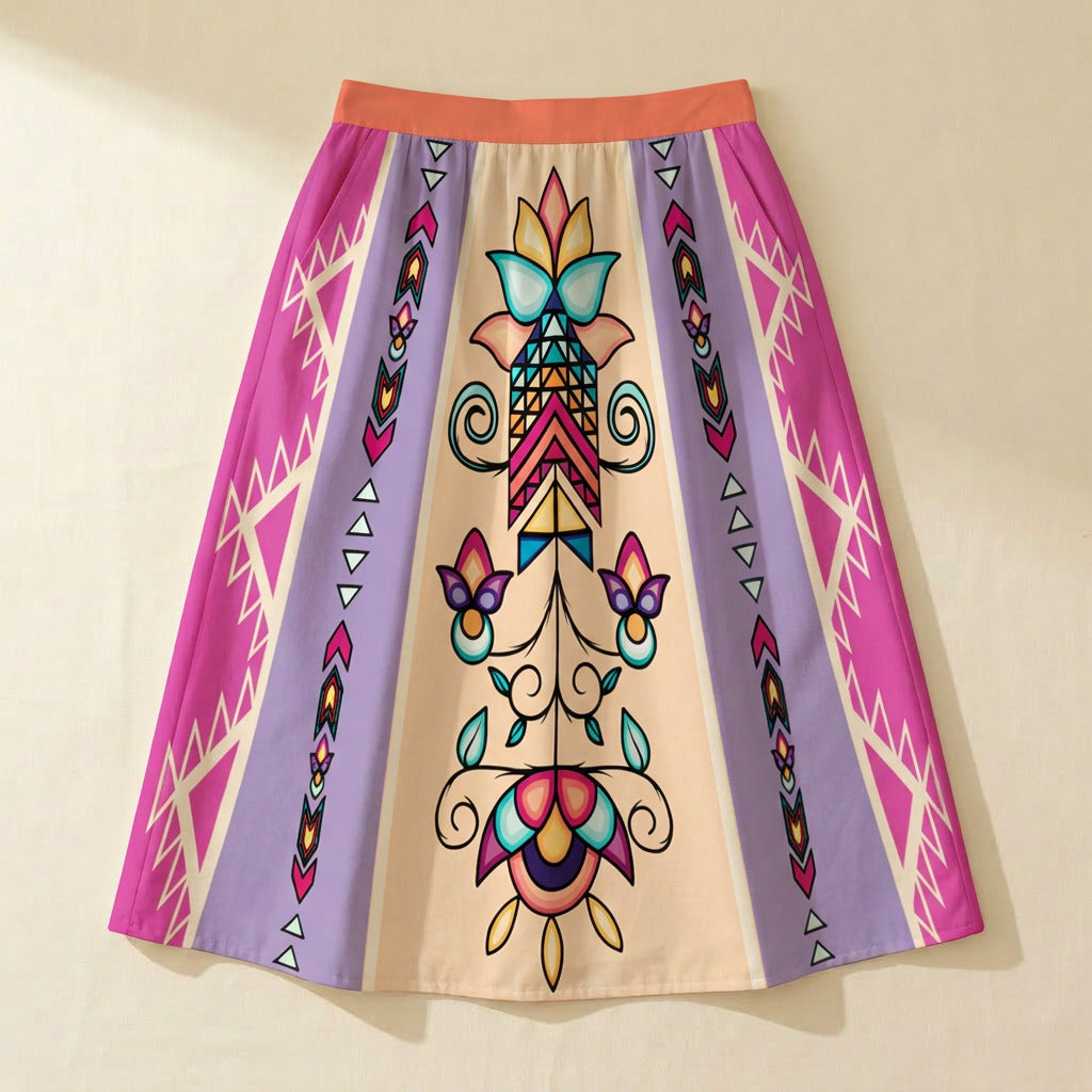 Arrow Blossom Path Bright Elastic Waist Pocket Midi Skirt