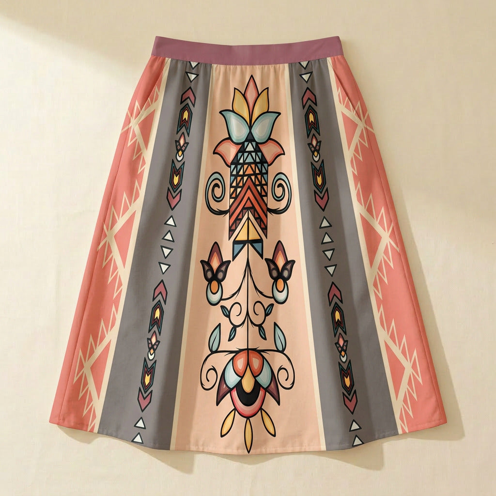 Arrow Blossom Path Earthy Elastic Waist Pocket Midi Skirt