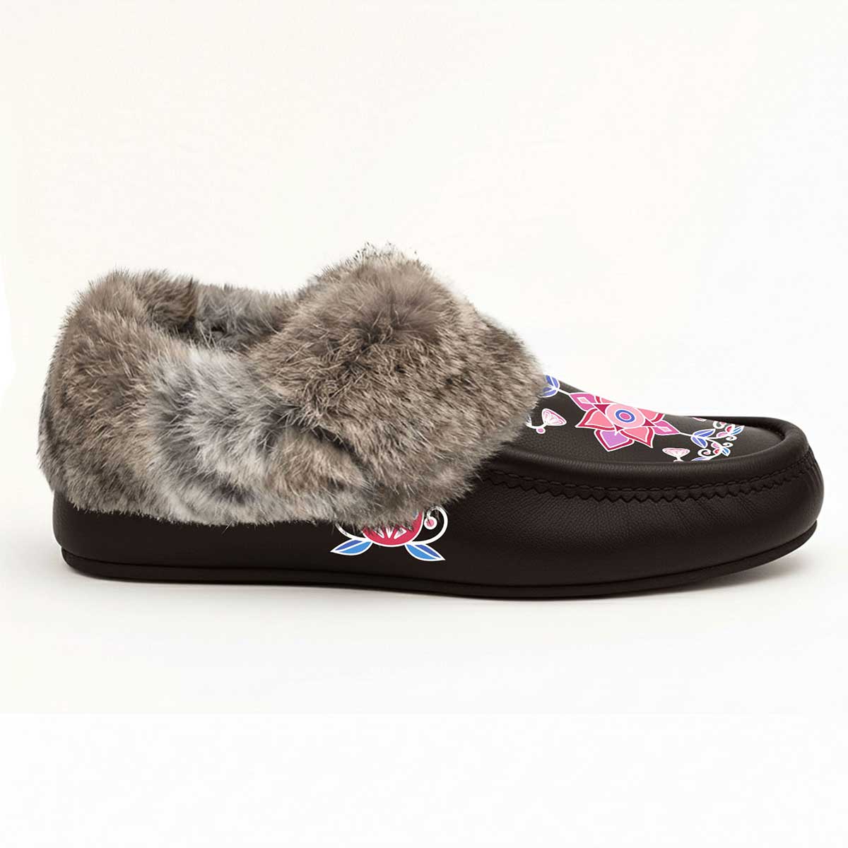 Frost Flower Circle Brown Leather Mottled Fur Moccasin
