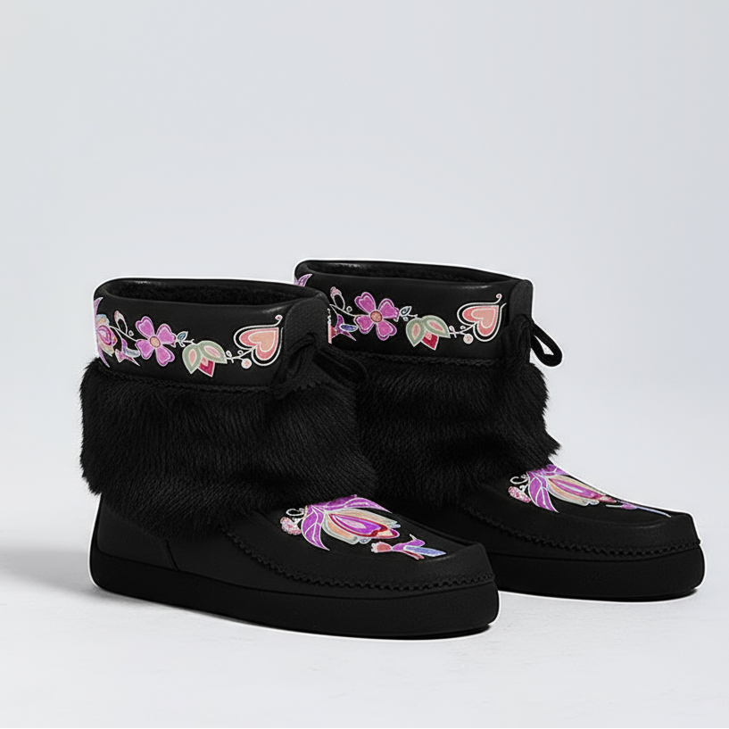 Frosted Leaf Spirit Black Leather MocLux Ankle with Fur