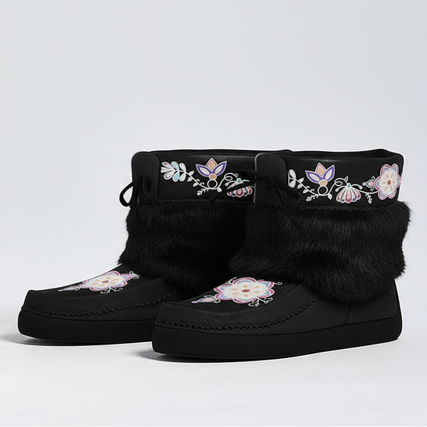 Aurora Petal Glow Black Leather MocLux Ankle with Fur