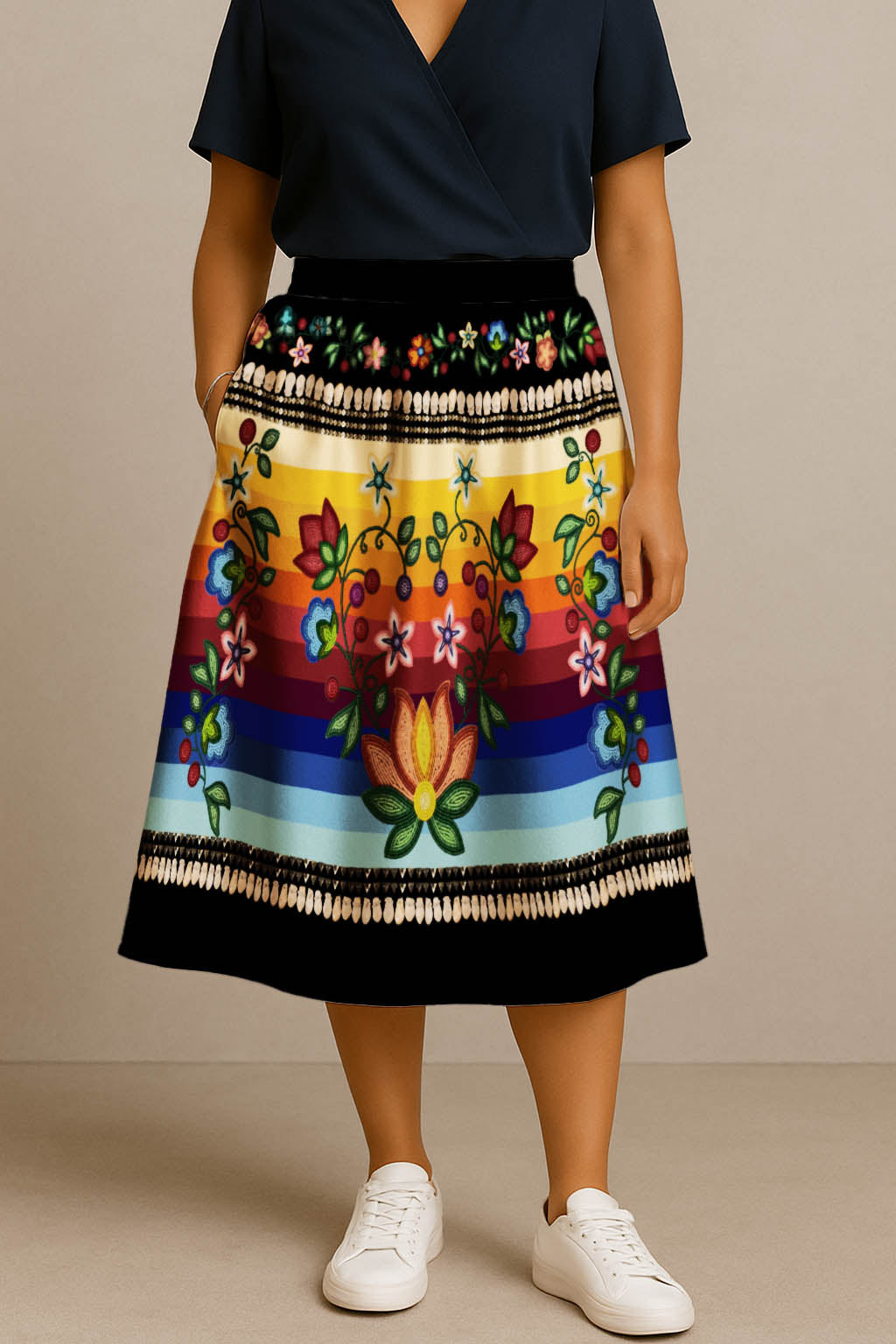 Beaded Offering Black 1 Elastic Waist Pocket Midi Skirt