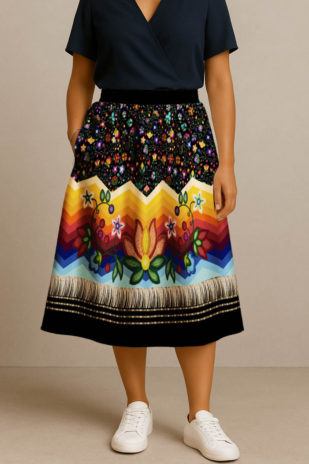 Beaded Offering Black 3 Elastic Waist Pocket Midi Skirt