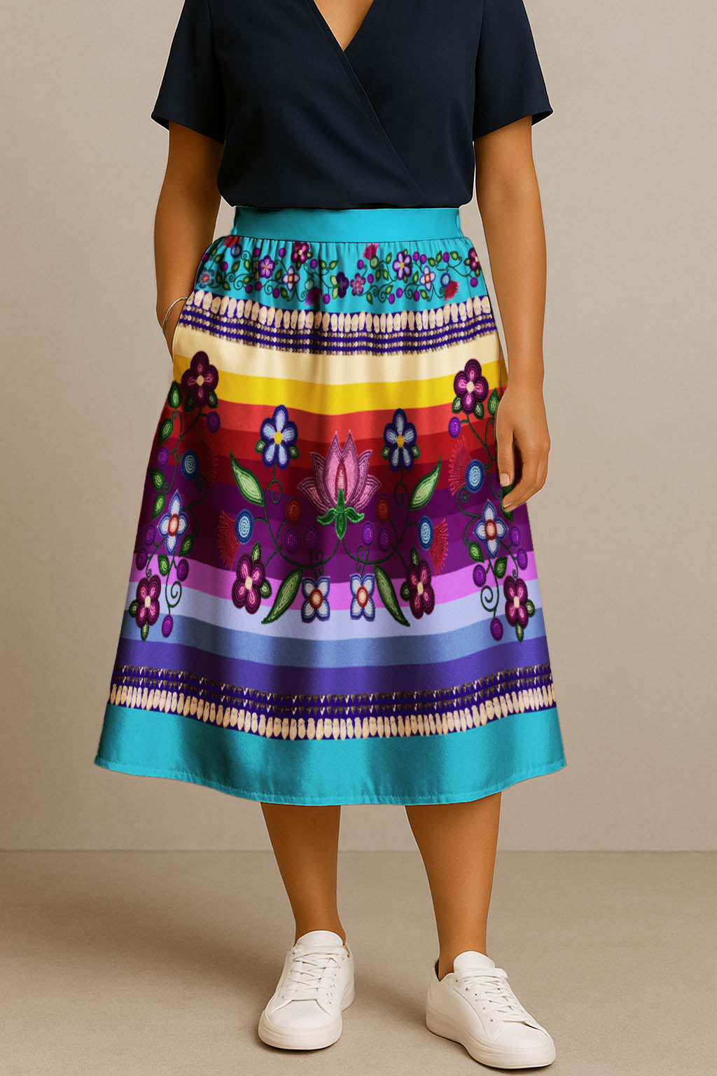 Beaded Offering Blue 1 Elastic Waist Pocket Midi Skirt
