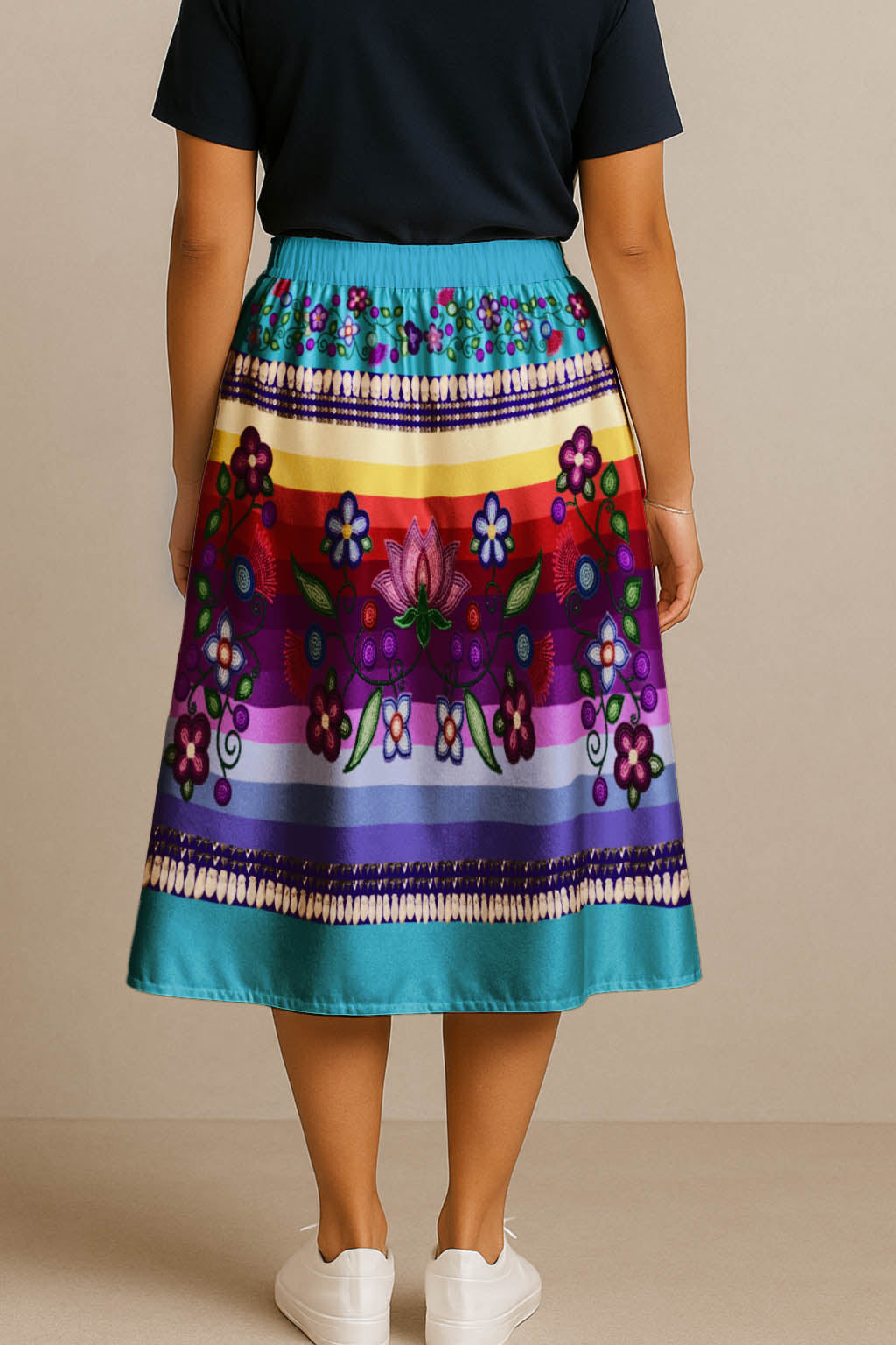 Beaded Offering Blue 1 Elastic Waist Pocket Midi Skirt