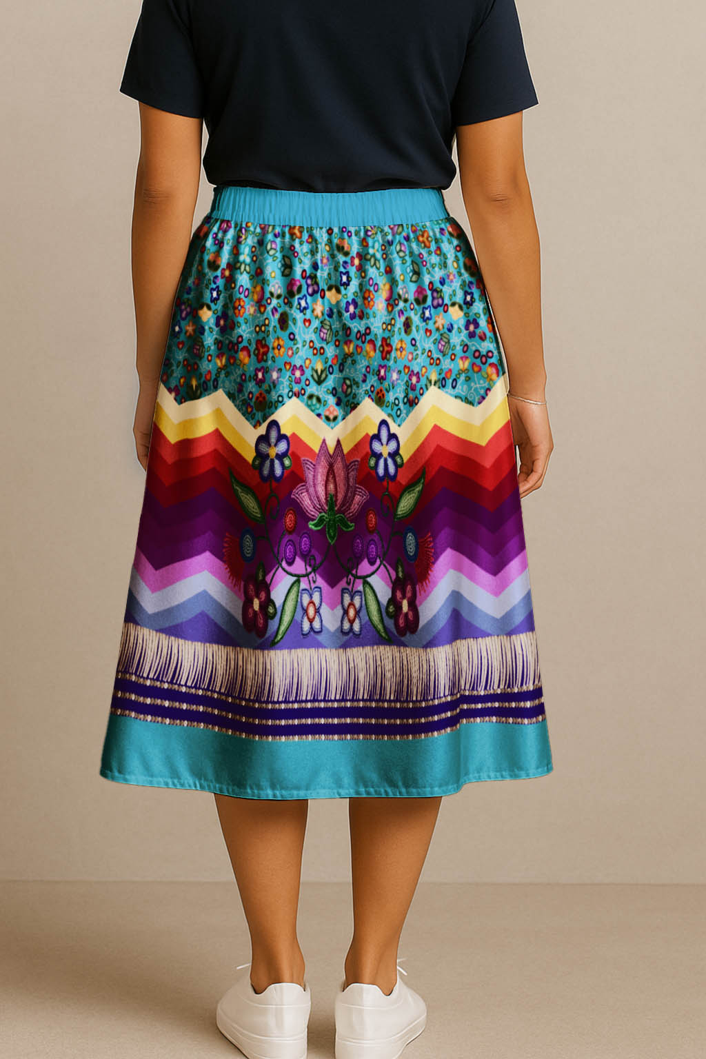 Beaded Offering Blue 3 Elastic Waist Pocket Midi Skirt