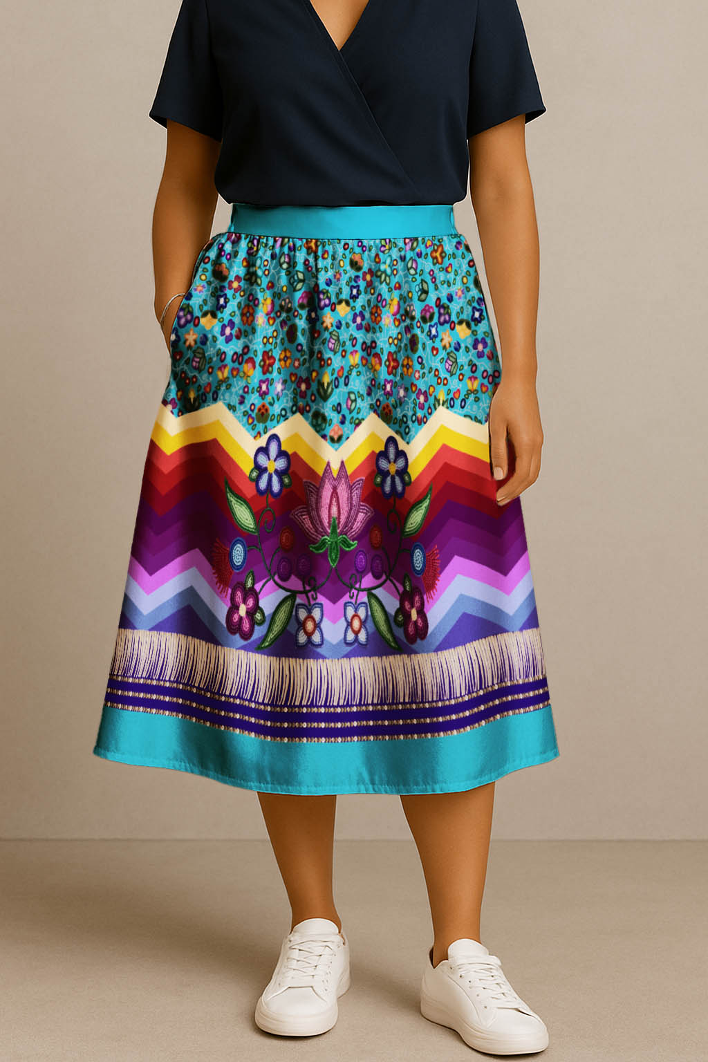 Beaded Offering Blue 3 Elastic Waist Pocket Midi Skirt