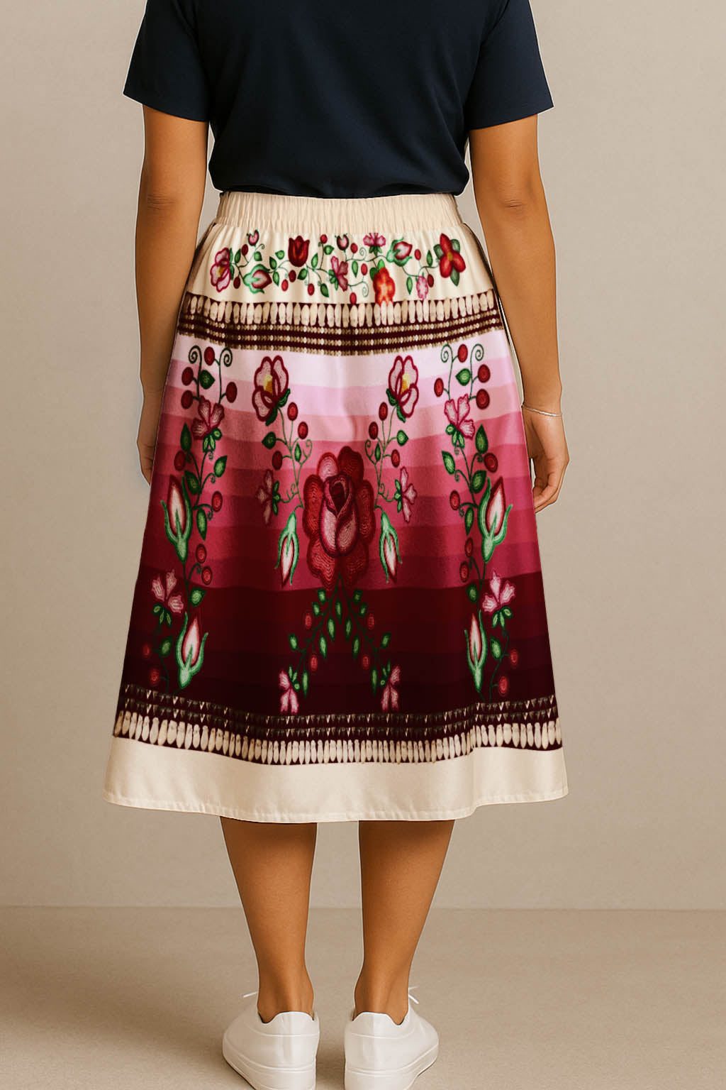 Beaded Offering Cream 1 Elastic Waist Pocket Midi Skirt