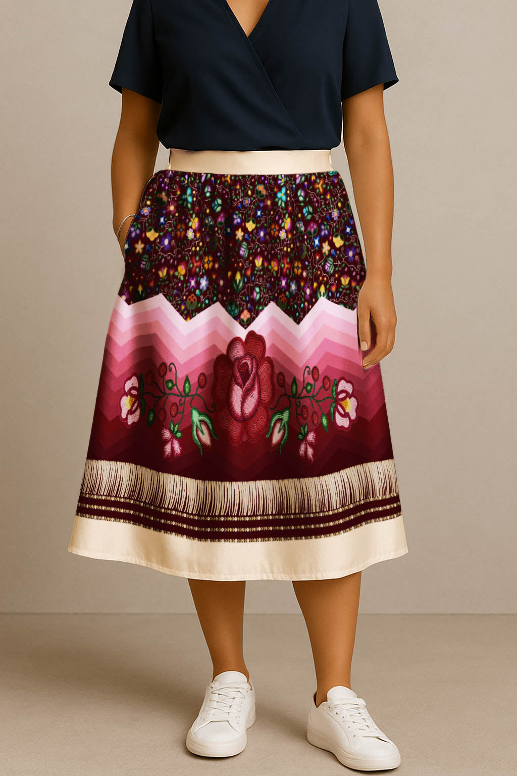 Beaded Offering Cream 3 Elastic Waist Pocket Midi Skirt