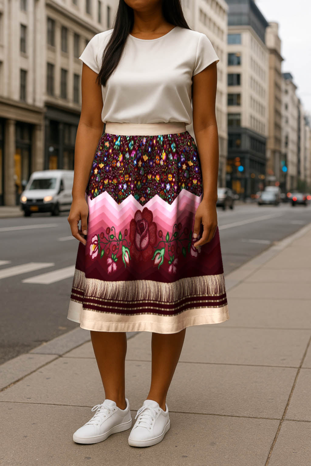 Beaded Offering Cream 3 Elastic Waist Pocket Midi Skirt
