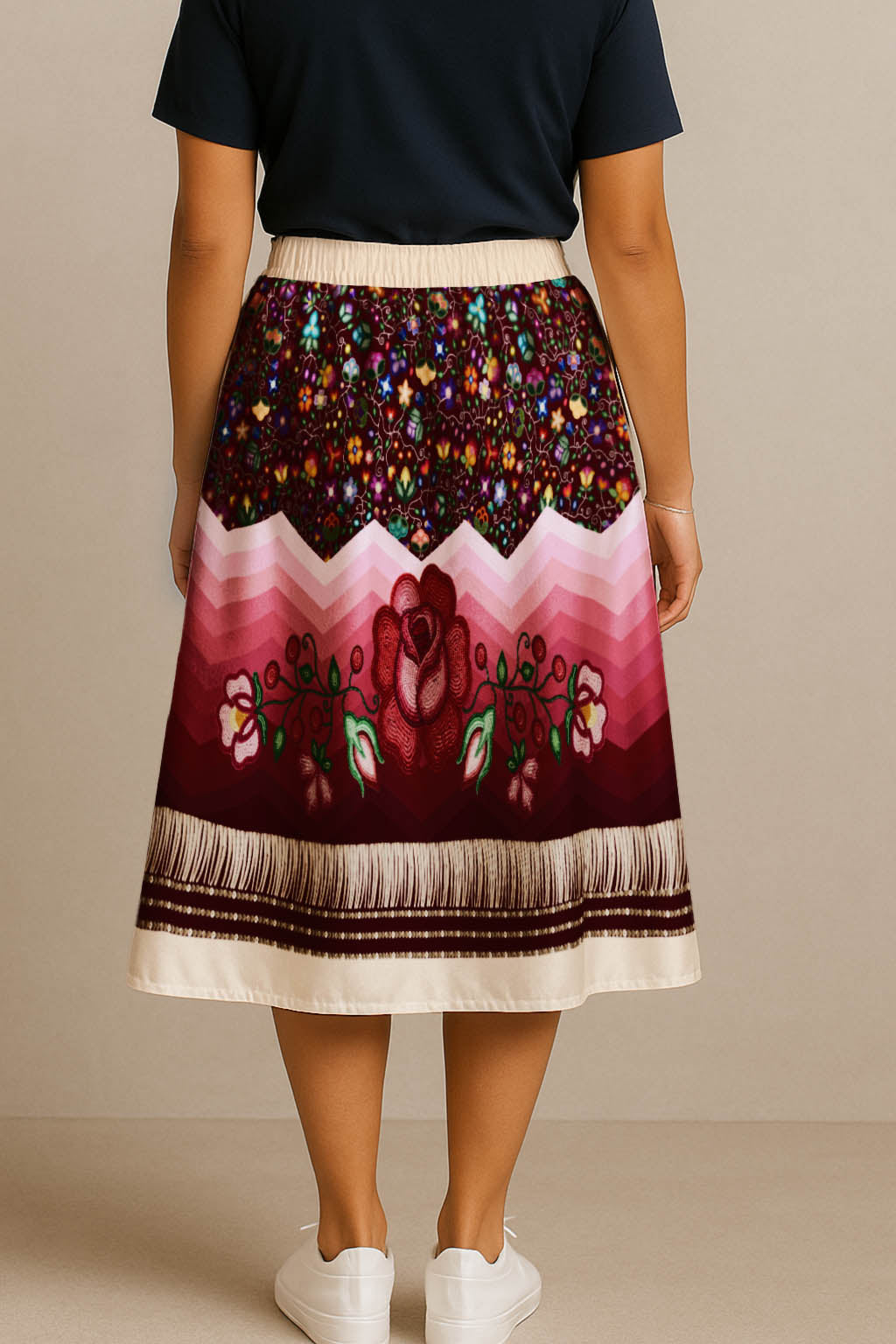 Beaded Offering Cream 3 Elastic Waist Pocket Midi Skirt