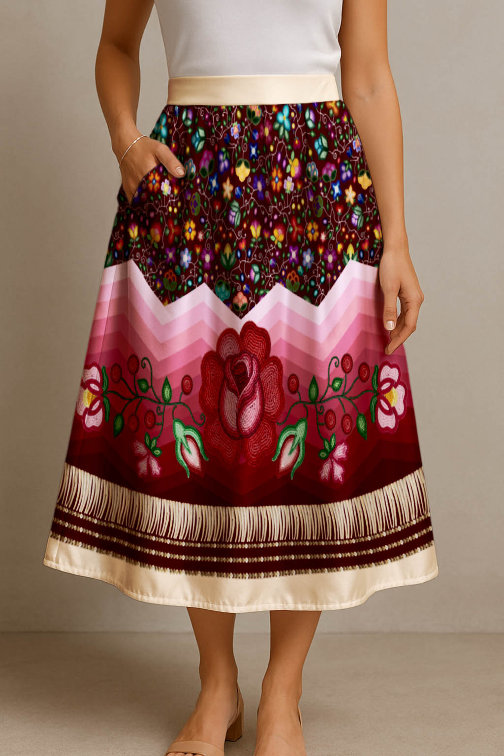 Beaded Offering Cream 3 Elastic Waist Pocket Midi Skirt